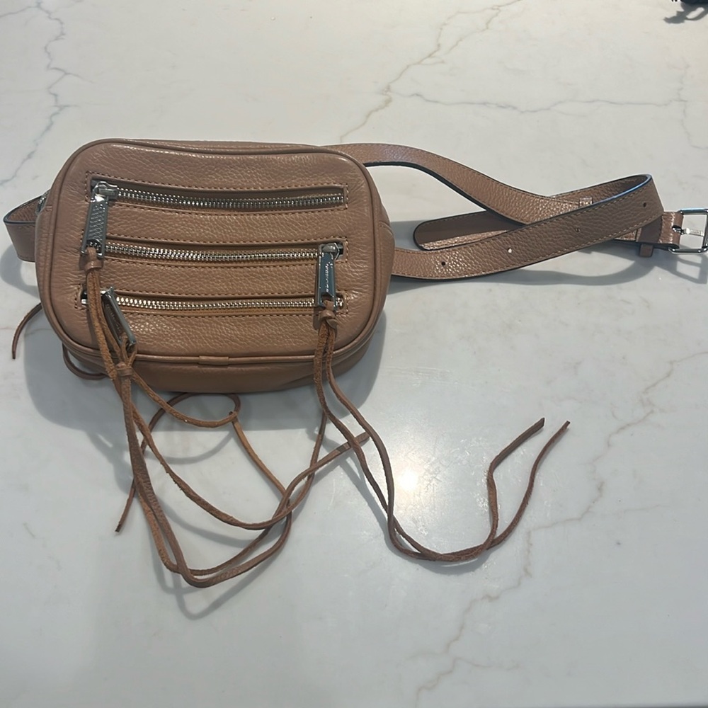 Rebecca Minkoff tan leather belt bag with fringe pulls